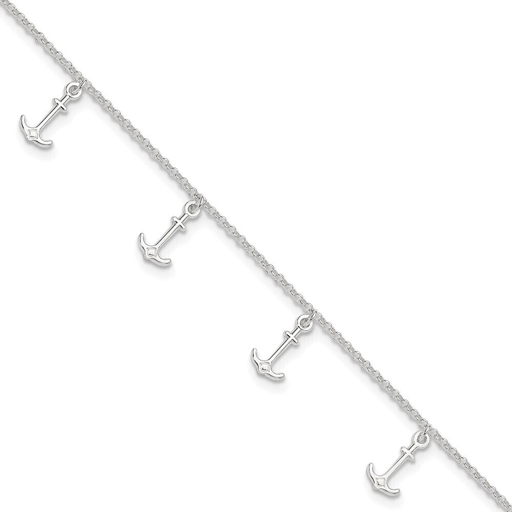 Kazi Luxury Sterling Silver Polished Anchors 9in Plus 1in Ext. Anklet